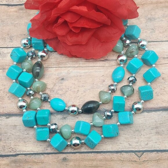 Silver Tone Faux Turquoise Statement Necklace Multi Strand Beaded Collar 21" - Picture 1 of 11